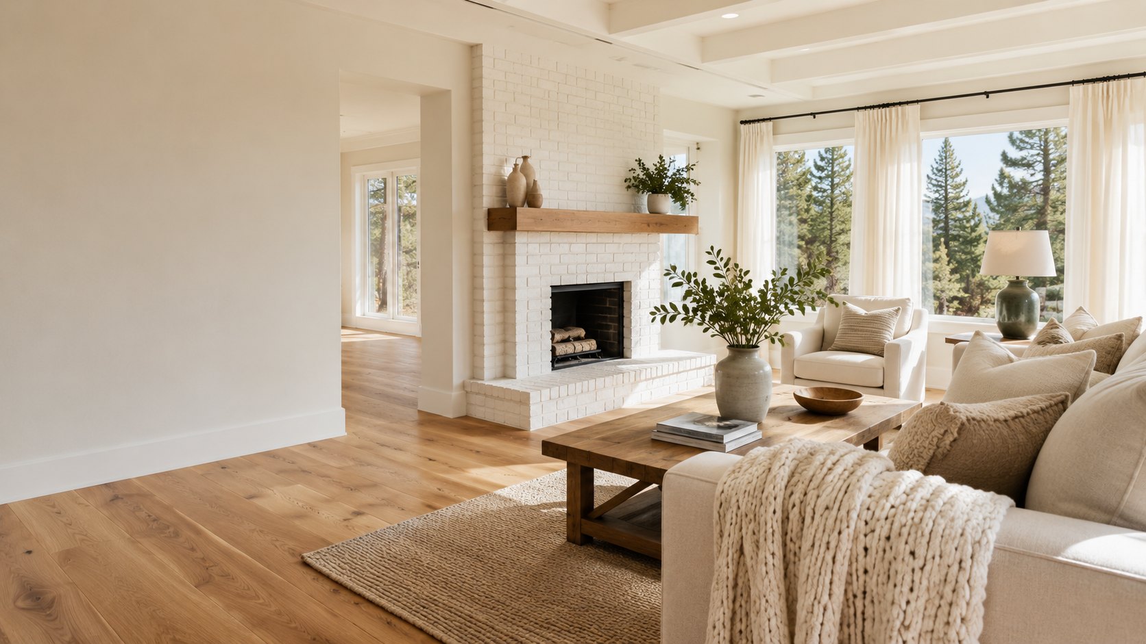 A bright, welcoming living room with a white brick fireplace and pine trees beyond the windows